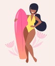 Girl with long hair in yellow swimsuit holding surfing board. Vector flat cartoon illustration Royalty Free Stock Photo